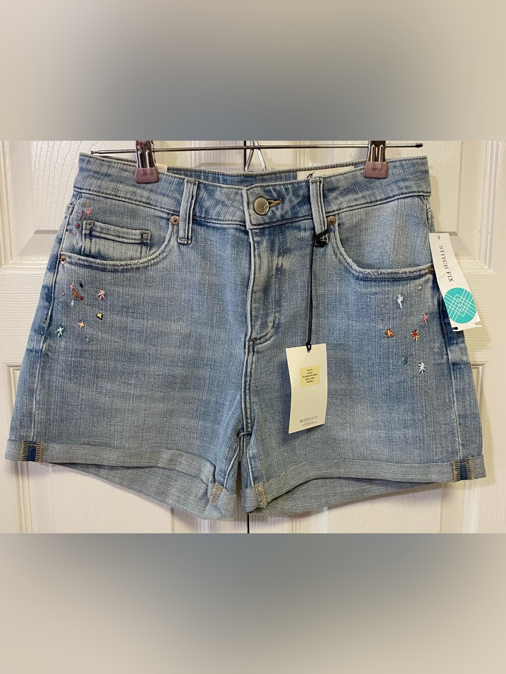 Cosmic Blue Love Wash Embroidered Denim Shorts - Women (27)